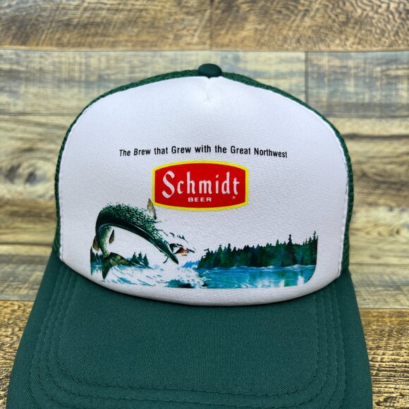 Schmidt Beer Fishing Mens Trucker Hat Green Snapback 70s Vintage Logo Ball Cap - Picture 3 of 8